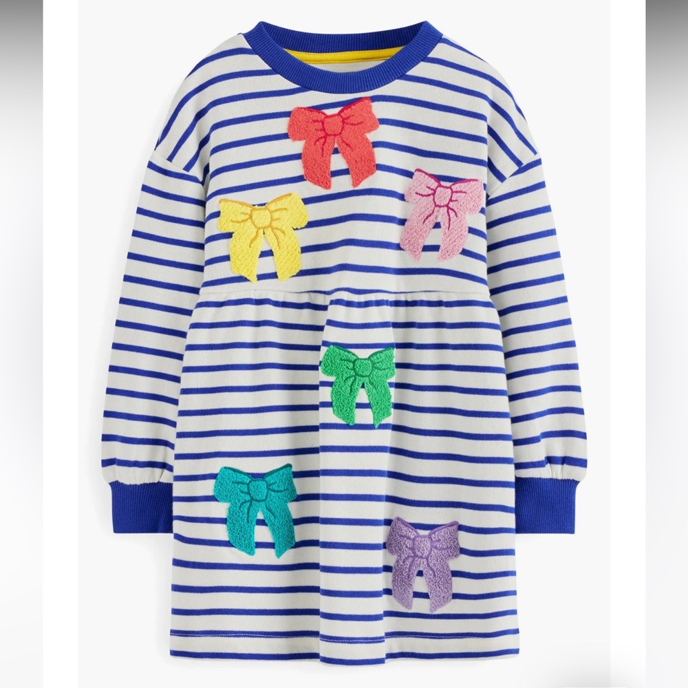 Mini Boden Striped Tunic Dress with Colorful Bows Girls Size 6-7 🎀 NWT